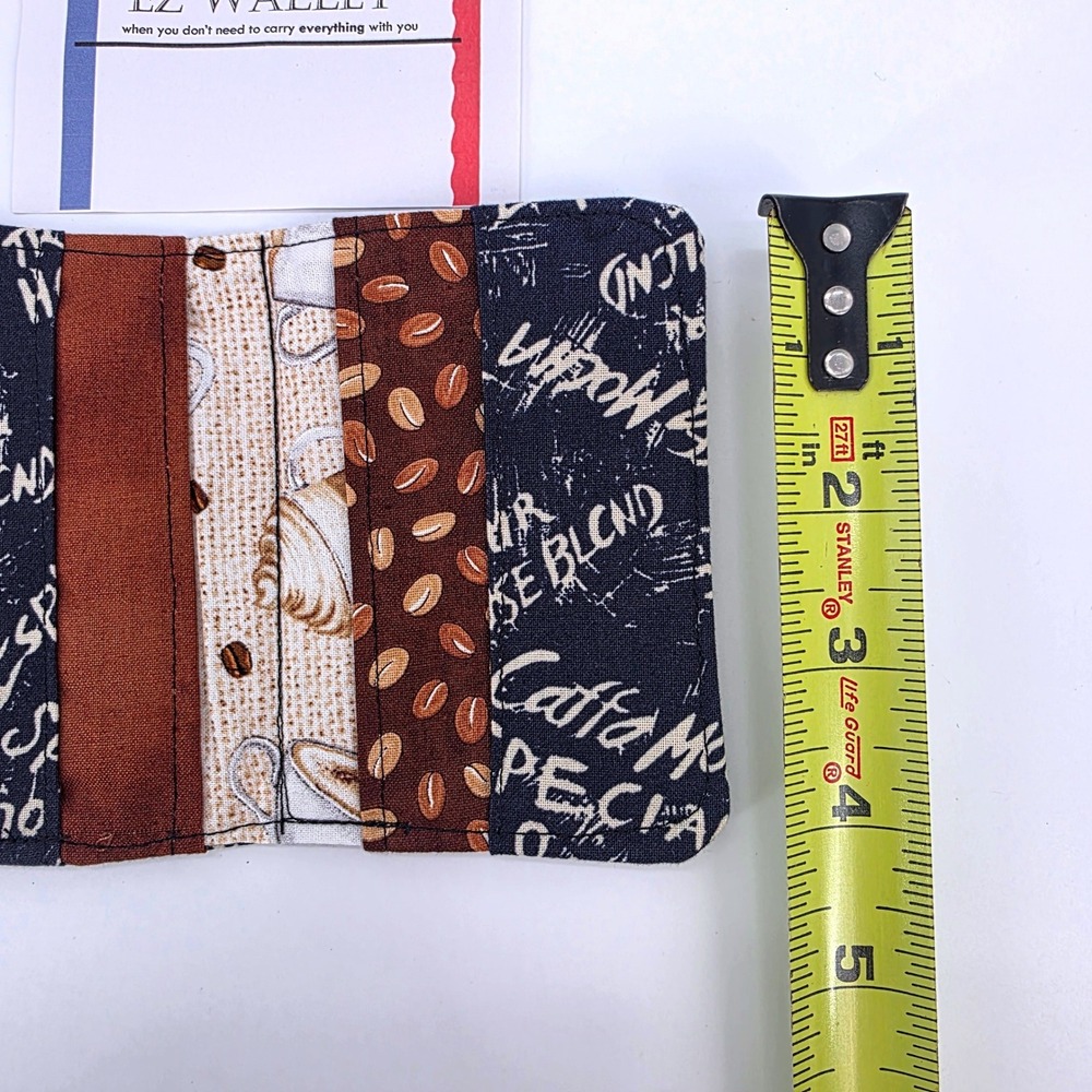 EZ Wallet Coffee Print Fabric Slim Bifold Card Holder Navy Brown Barista Style - Picture 5 of 5